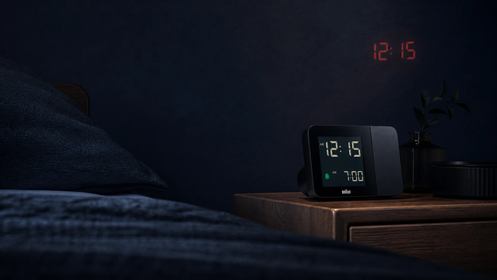 Illustrated bedroom scene with a Braun BC15 projection alarm clock and red time digits on the wall