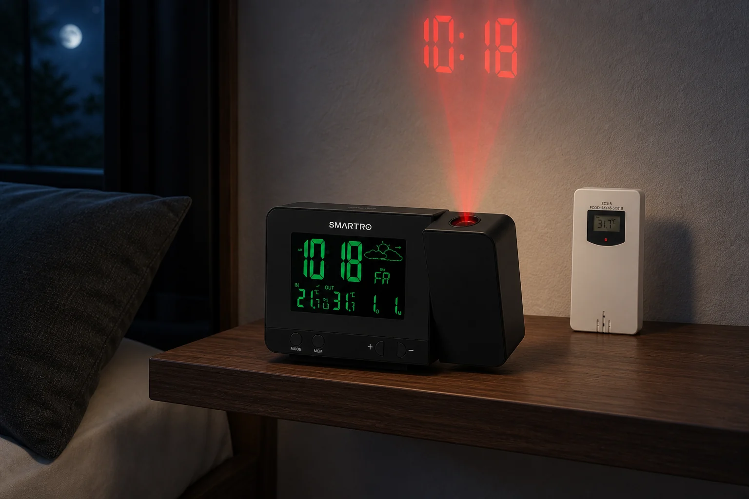 SMARTRO SC31B projection alarm clock and outdoor sensor on a walnut shelf at night