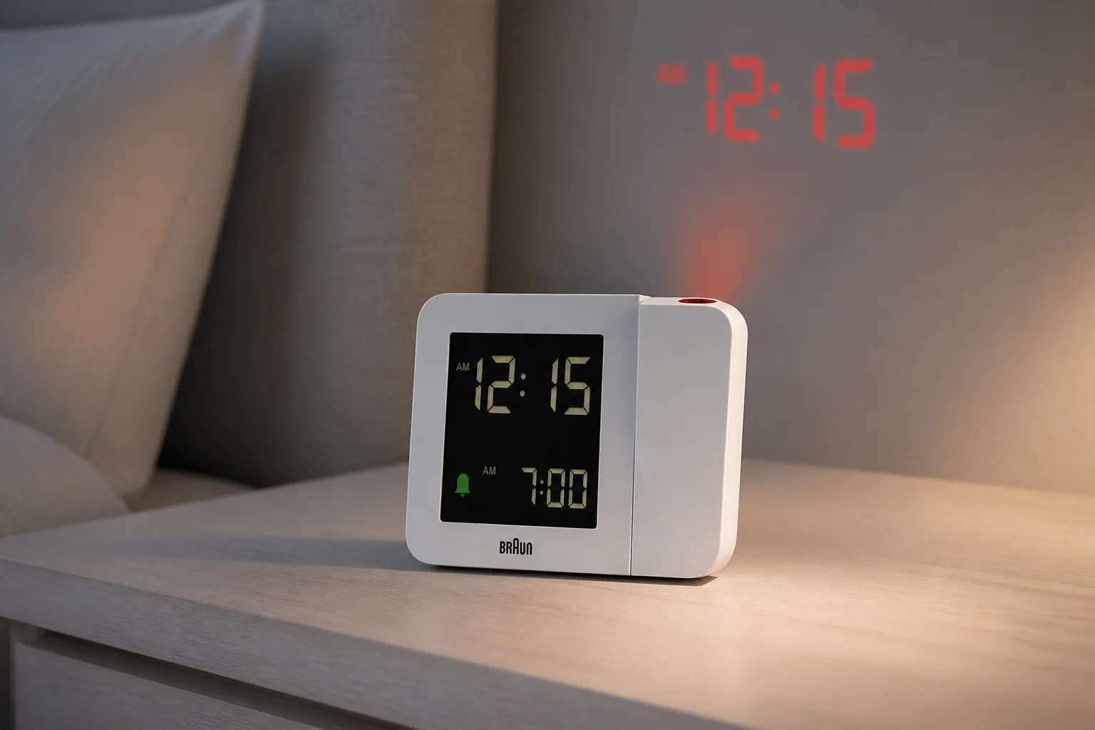 Braun BC15 white projection alarm clock casting red time above a bedside table