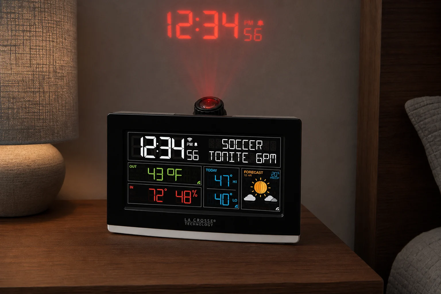 La Crosse C82929v2 Wi-Fi projection alarm clock casting time on a bedroom wall