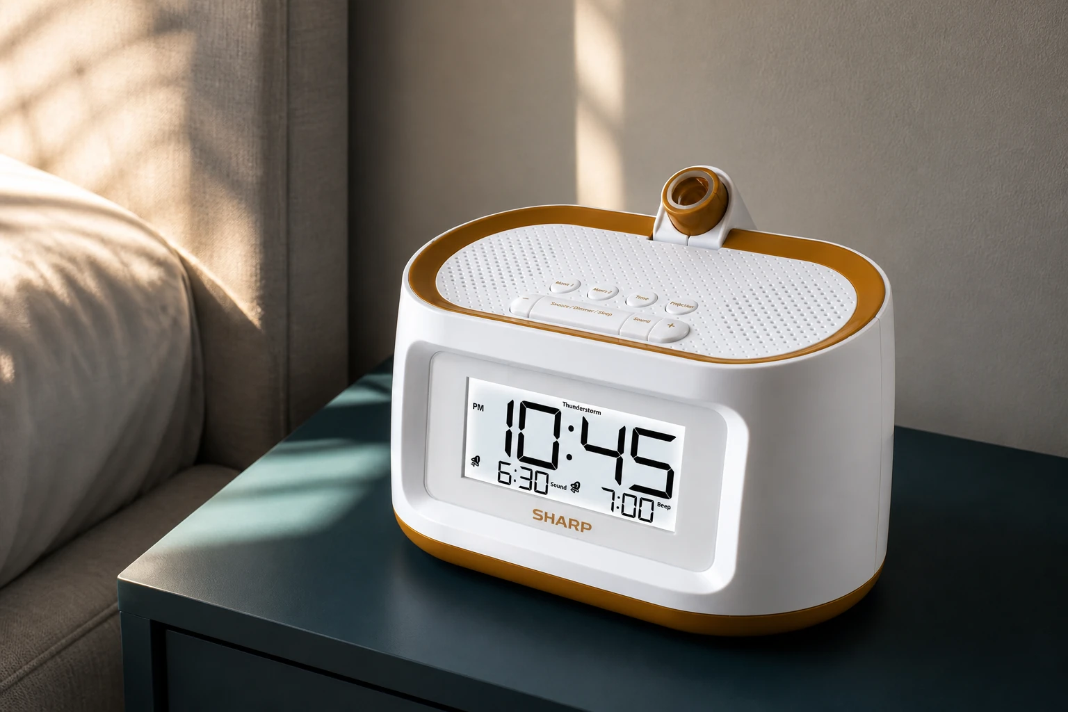 White and bronze Sharp SPC585 projection alarm clock on a dark teal bedside cabinet — editorial illustration