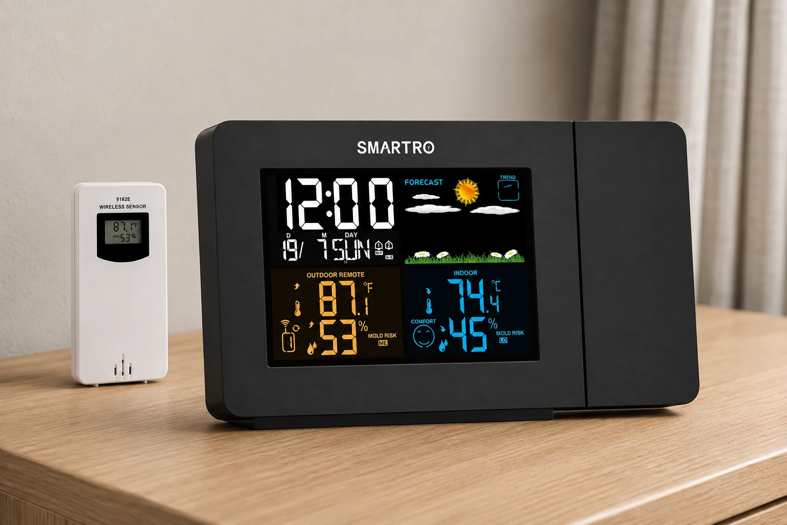 SMARTRO SC91 projection alarm clock and its outdoor sensor on a light oak bedside table — editorial illustration