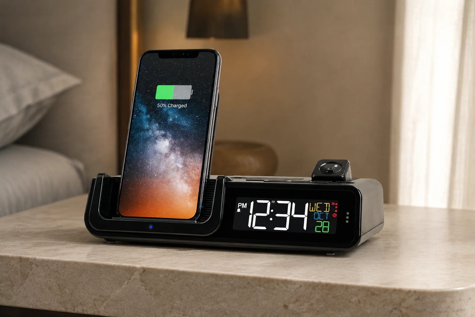 La Crosse Wattz 2.0 616-1413R-10W projection alarm clock with its phone cradle on a stone bedside table — editorial illustration