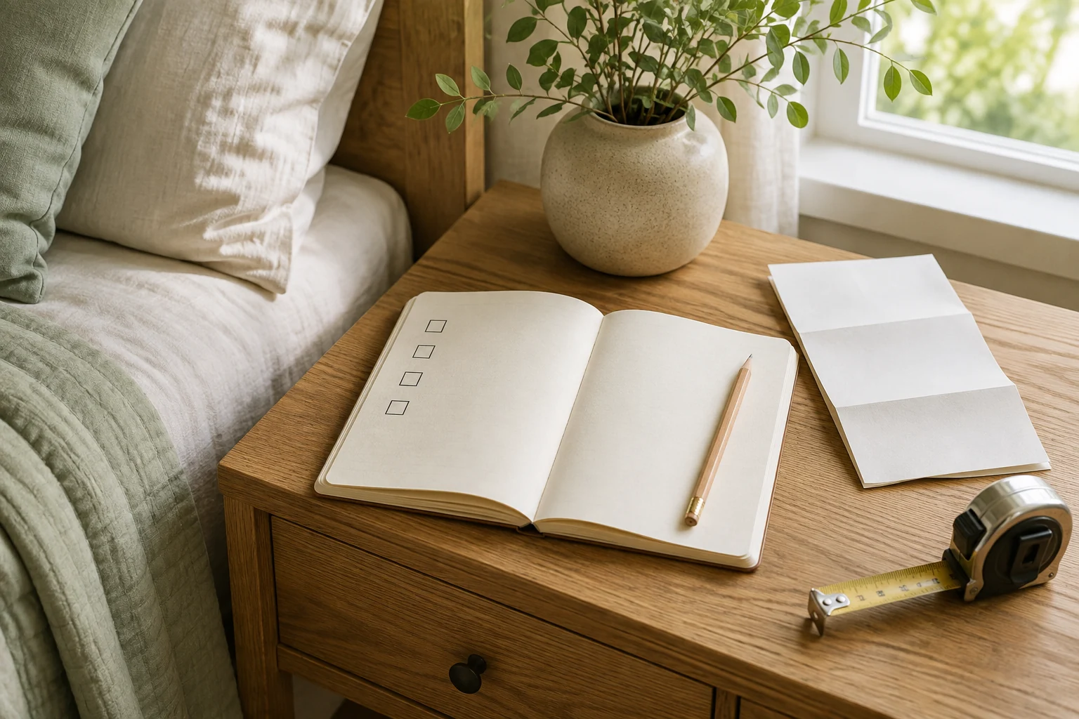 An open bedside checklist with four empty boxes, a pencil, instruction leaflet and measuring tape