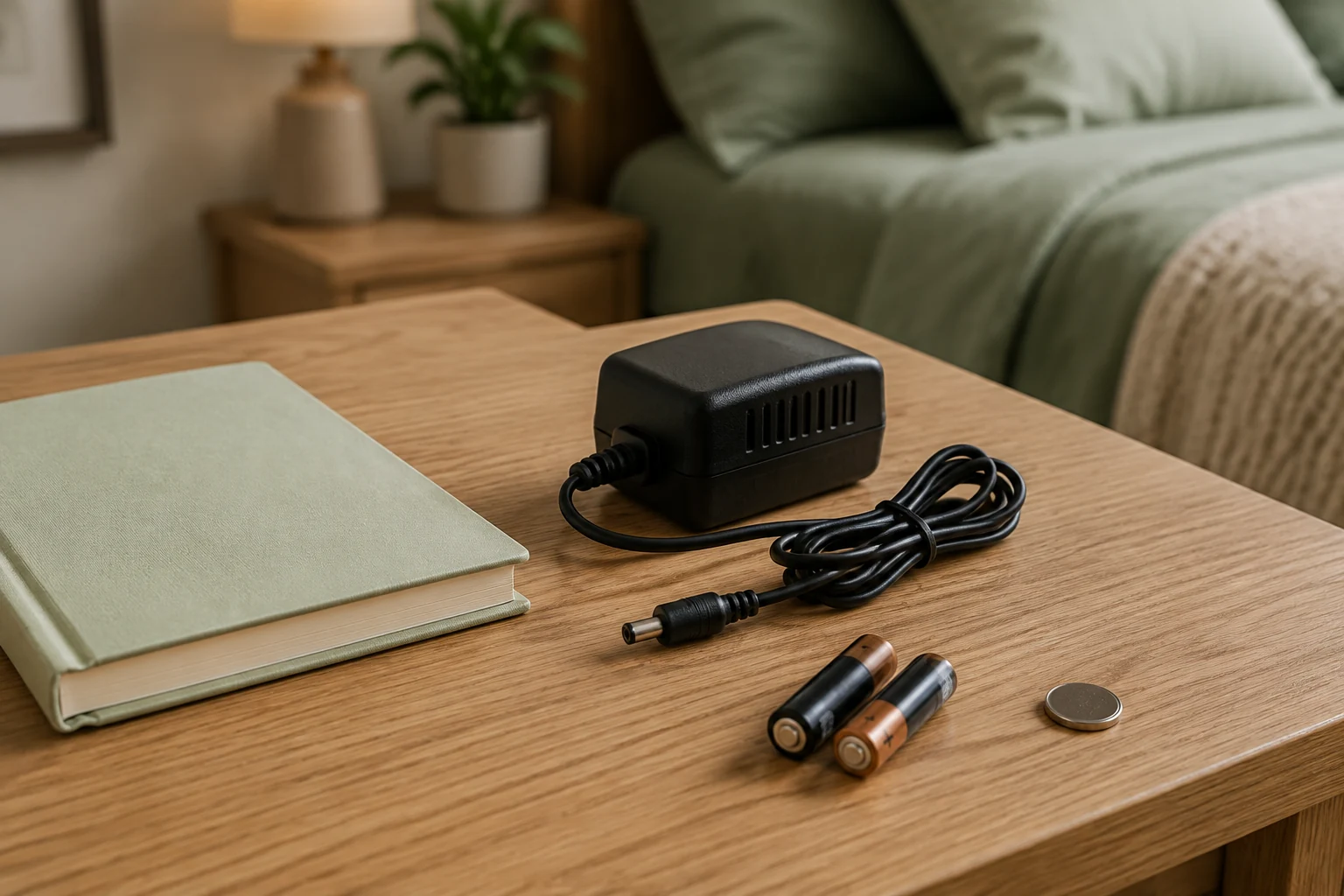A mains adapter, two AA batteries and a coin cell arranged separately on a bedside table