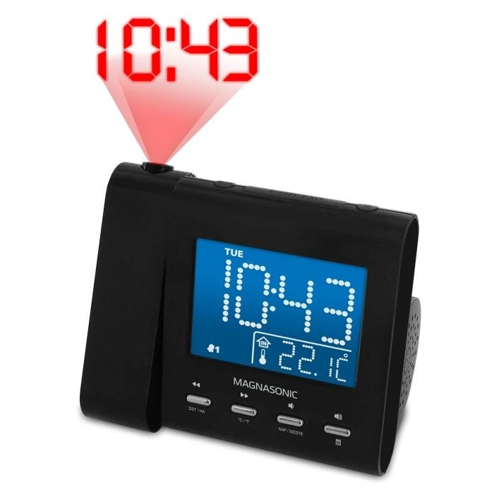 Black Magnasonic EAAC601 projection alarm clock radio with illustrated red time digits