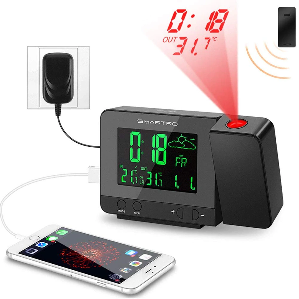 SMARTRO SC31B projection alarm clock shown with a USB-connected phone and illustrated projection