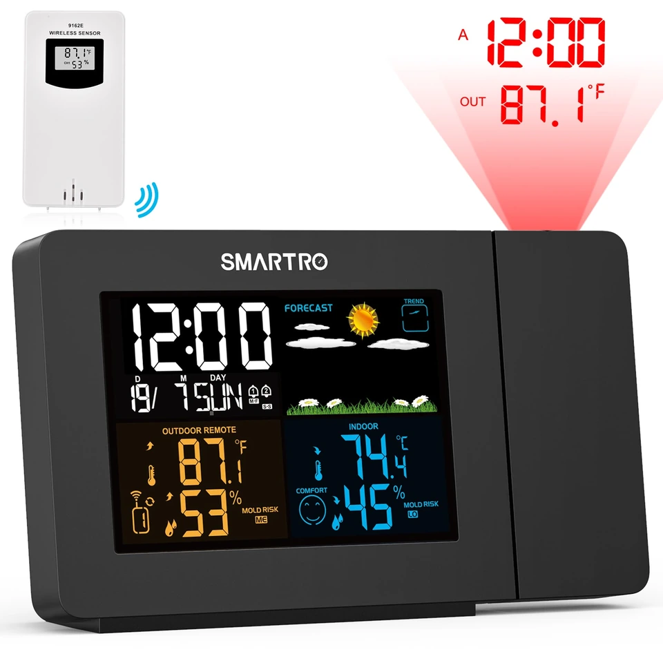 SMARTRO SC91 projection alarm clock, outdoor sensor and illustrated time projection