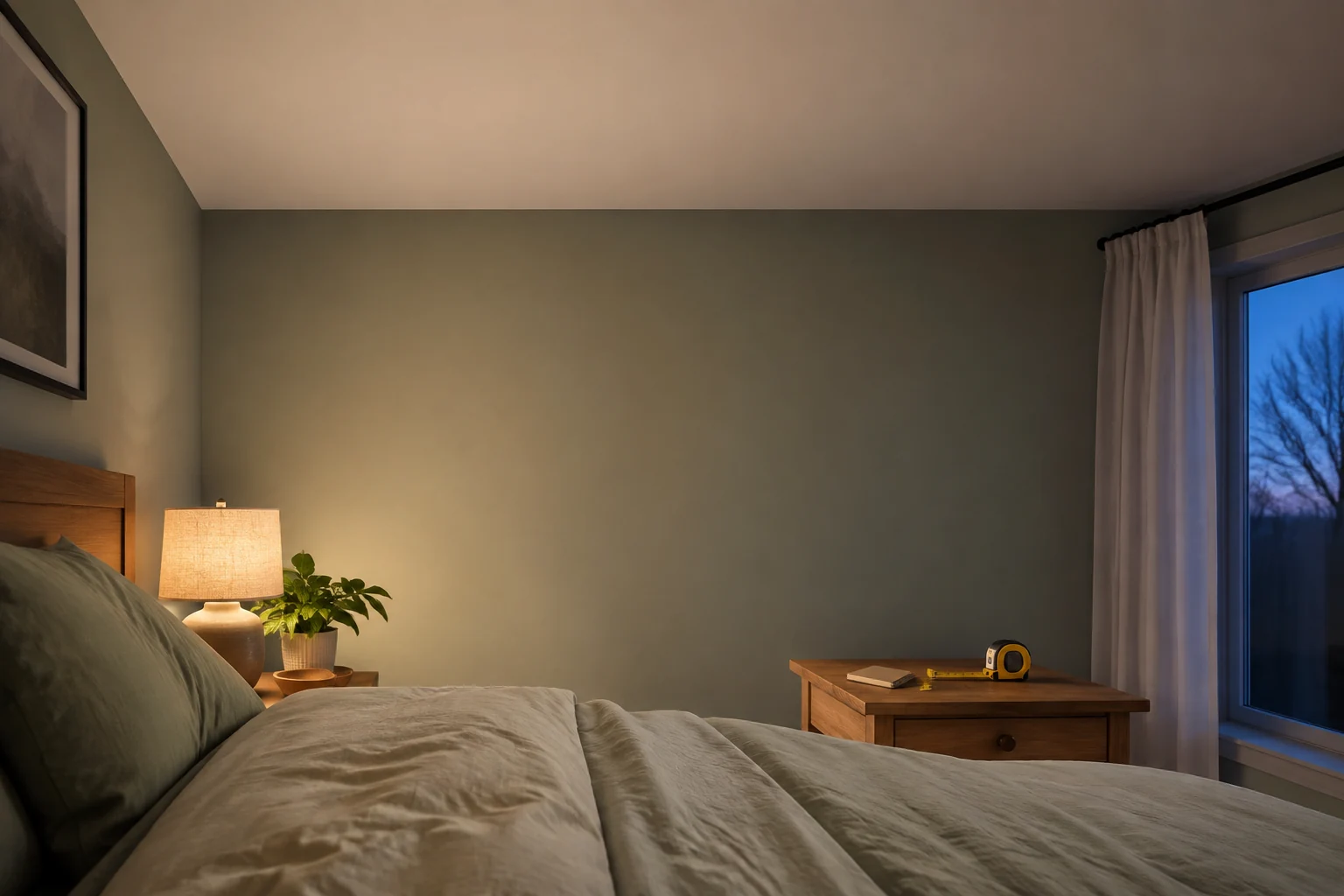 A bedside view of a clear bedroom wall and ceiling, with a measuring tape on the nightstand