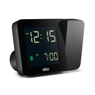 Black Braun BC15BUS projection alarm clock seen from an angle with its backlight off
