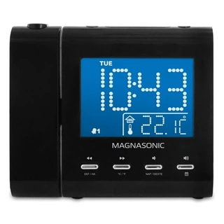 Black Magnasonic EAAC601 projection alarm clock radio viewed straight on