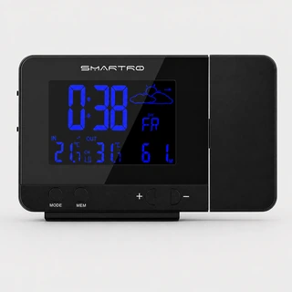 SMARTRO SC31B projection alarm clock with a blue LCD, shown from the front