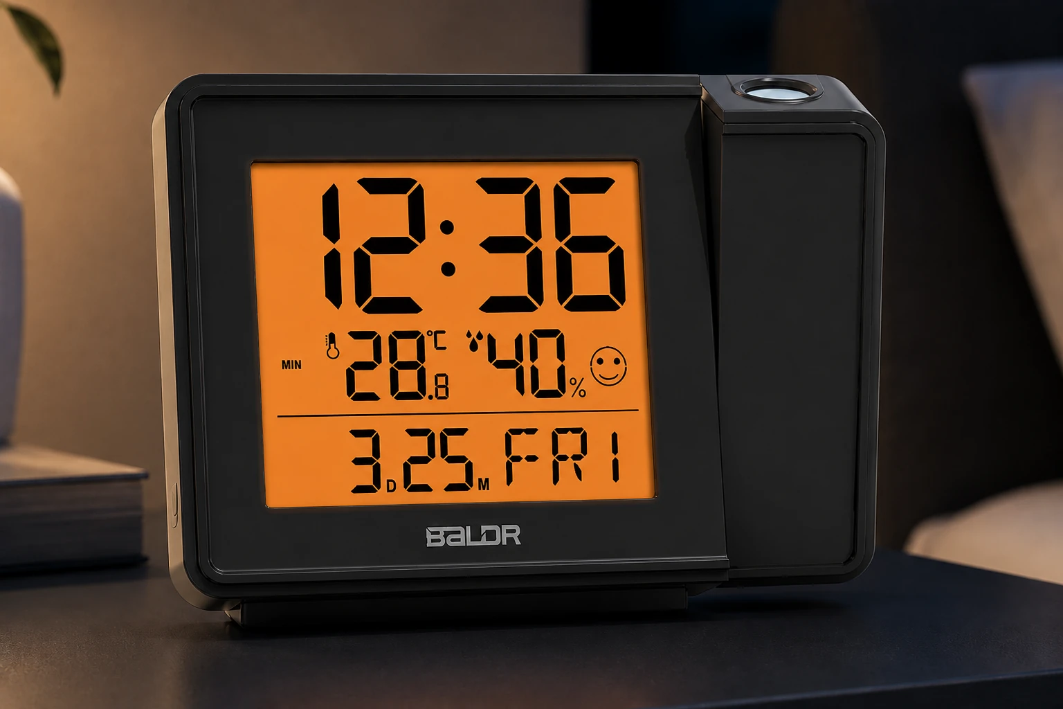 Close view of the BALDR B0367STHR orange display and projector on a navy nightstand
