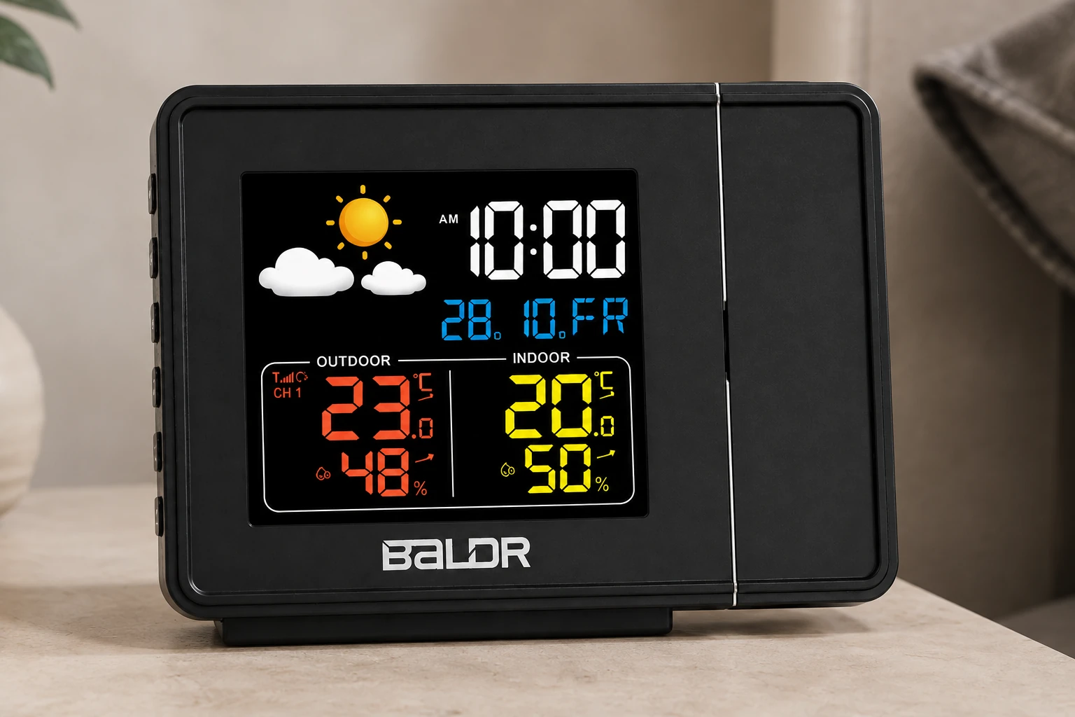 Close front view of the BALDR B3672STHR on a pale limestone bedside table