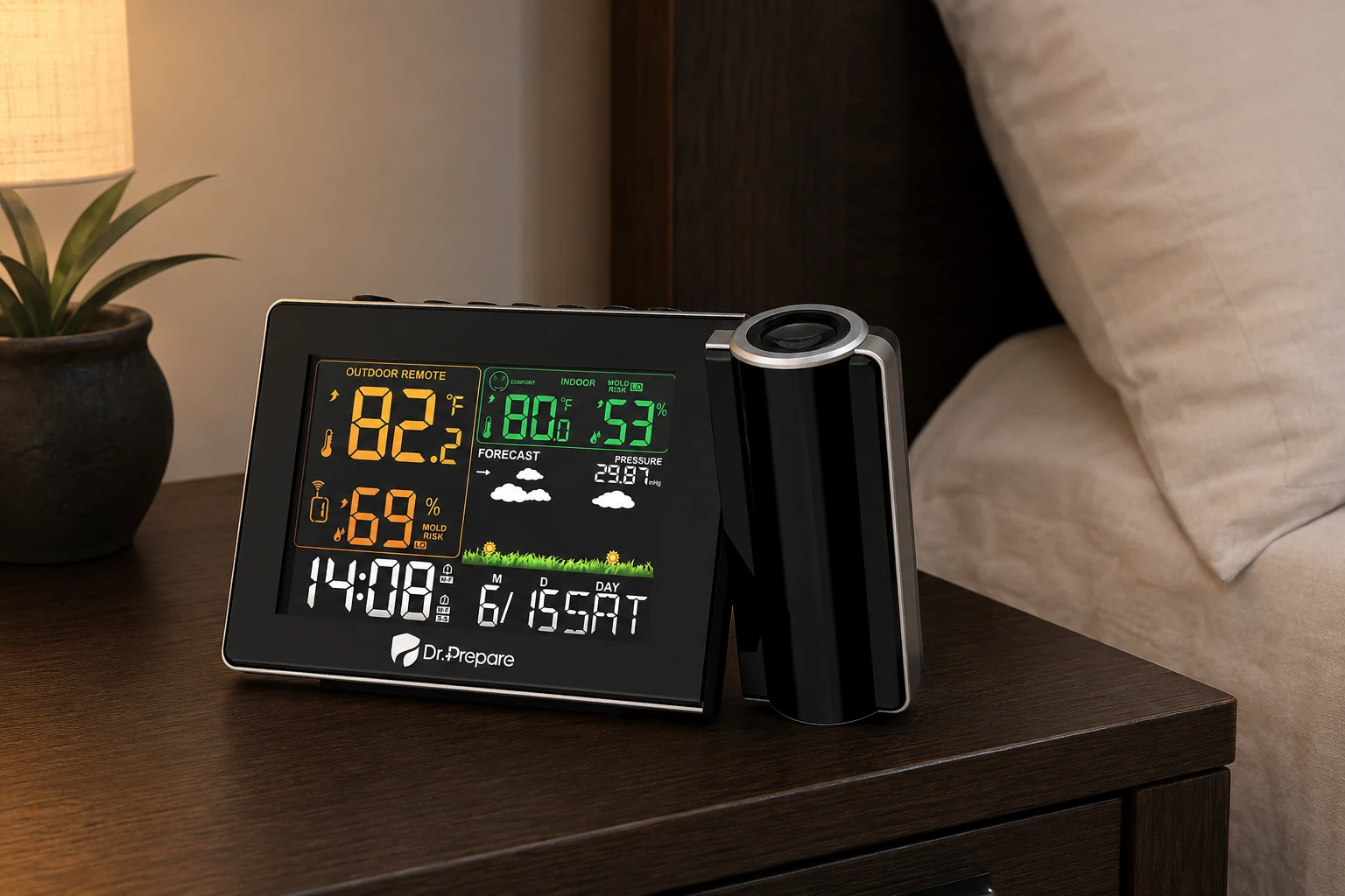 Dr.Prepare Projection Alarm Clock 005 with its rounded projector on an oak nightstand