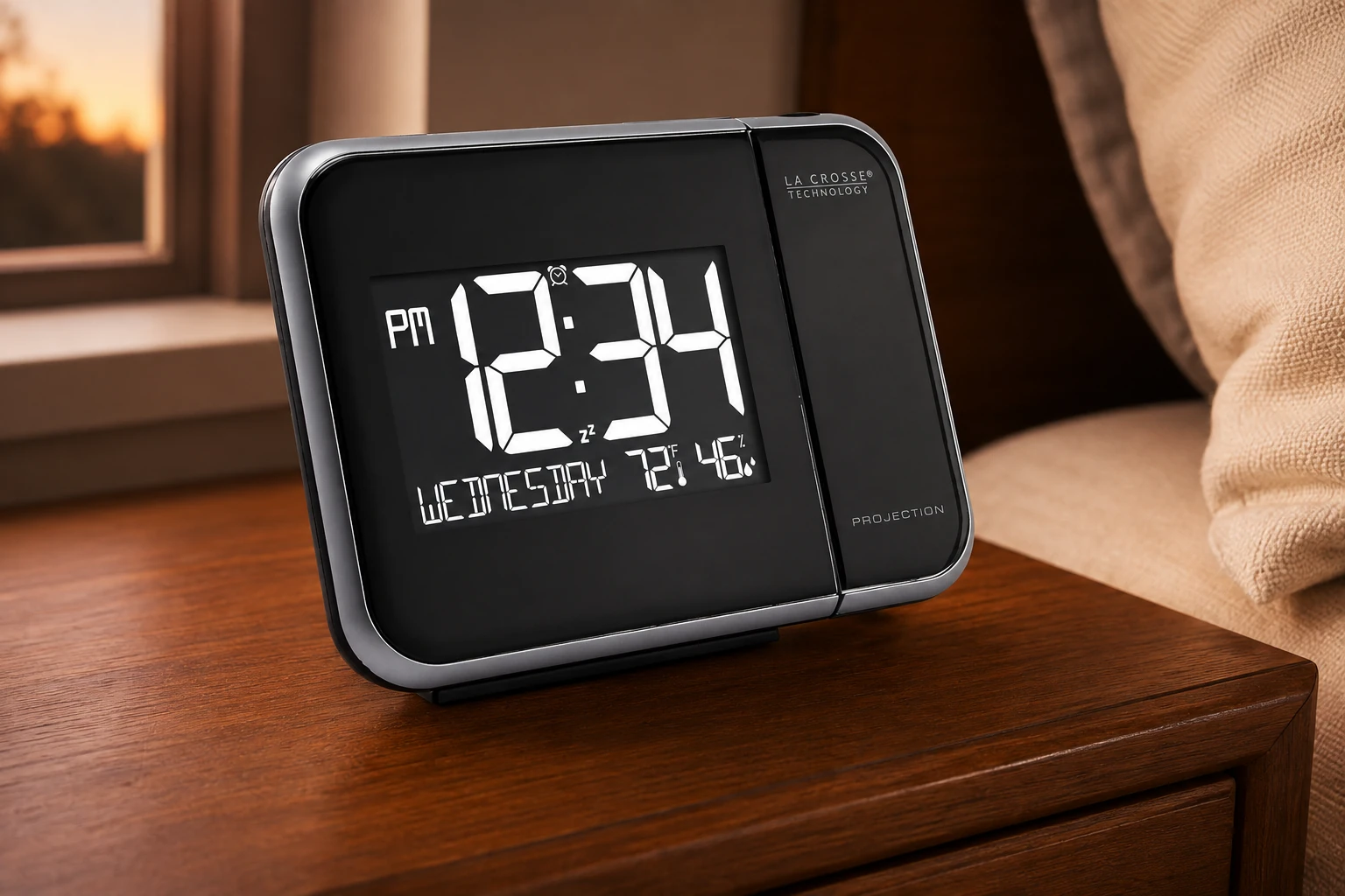 La Crosse 616-1412V4 viewed from the right on a chestnut bedside table