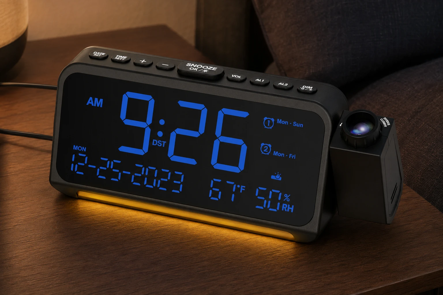 Mesqool CR1024 on a walnut bedside table beside charcoal bedding